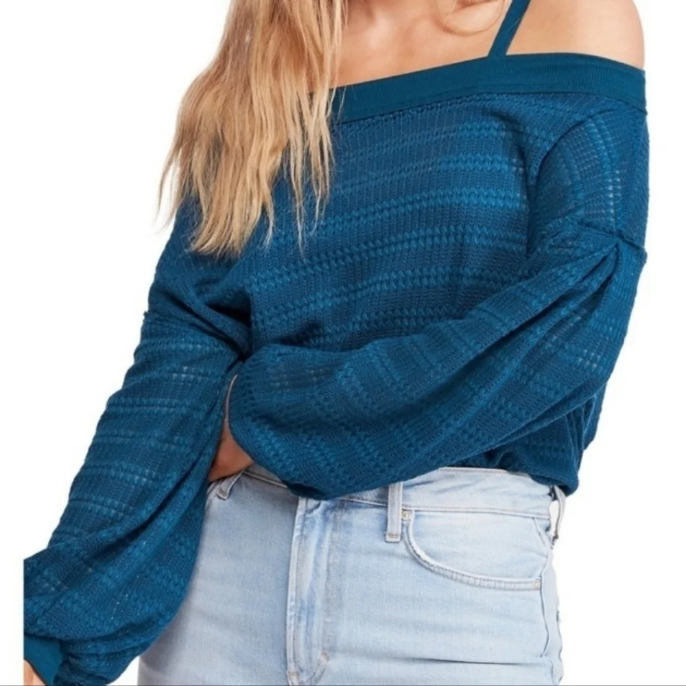 Free People Cold Shoulder Hacci Knit Top Teal Treasure